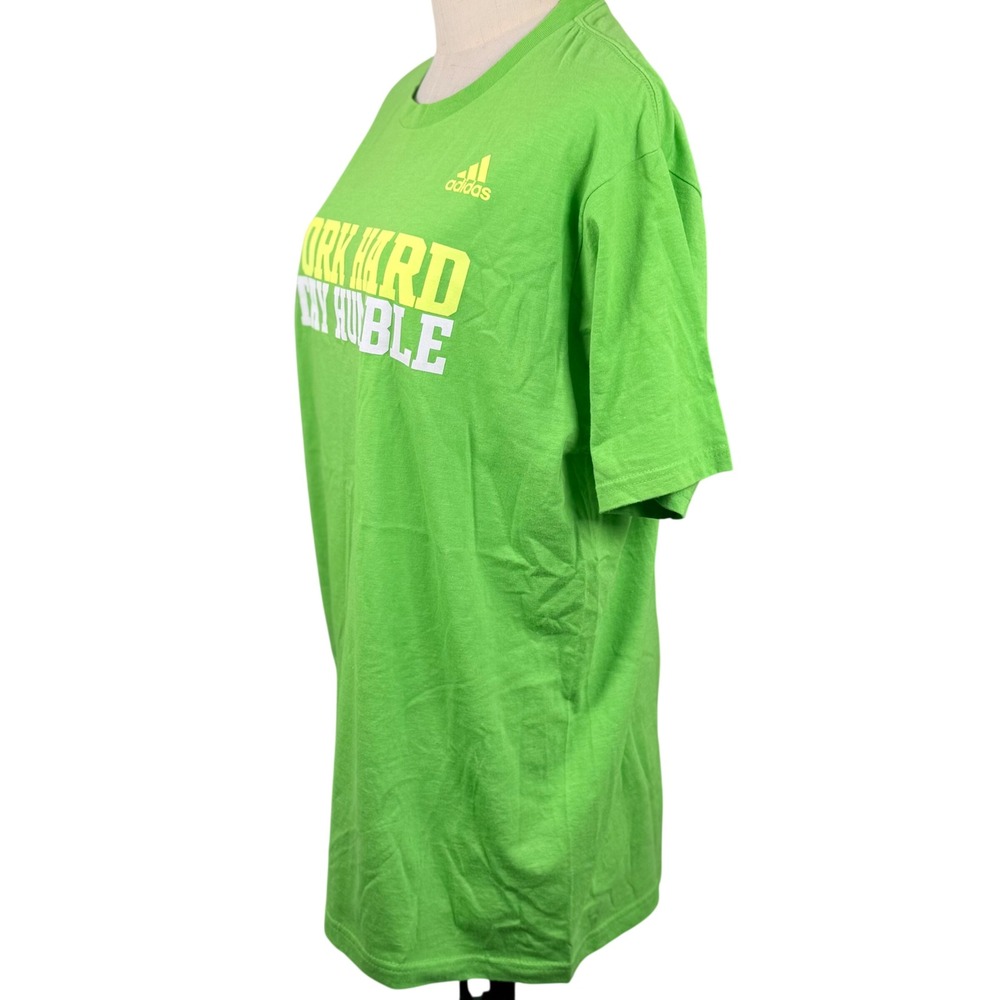 Adidas Mens Large T Shirt Lime Green Work Hard Stay Humble Graphic Motivational - Picture 2 of 7